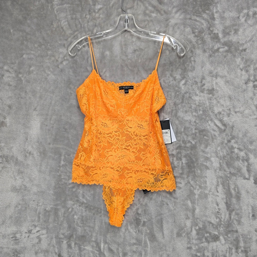 Guess Mango Tango Orange SL Hazeley Lace Thong Bodysuit Womens L Festival Glam